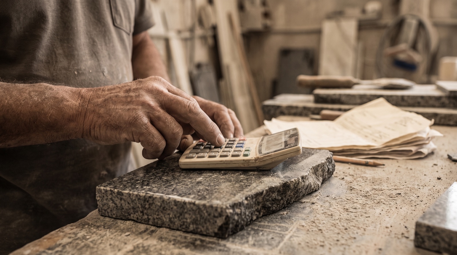 A fabricator's hands using a calculator resting on a polished granite offcut beside a stack of quote paperwork.