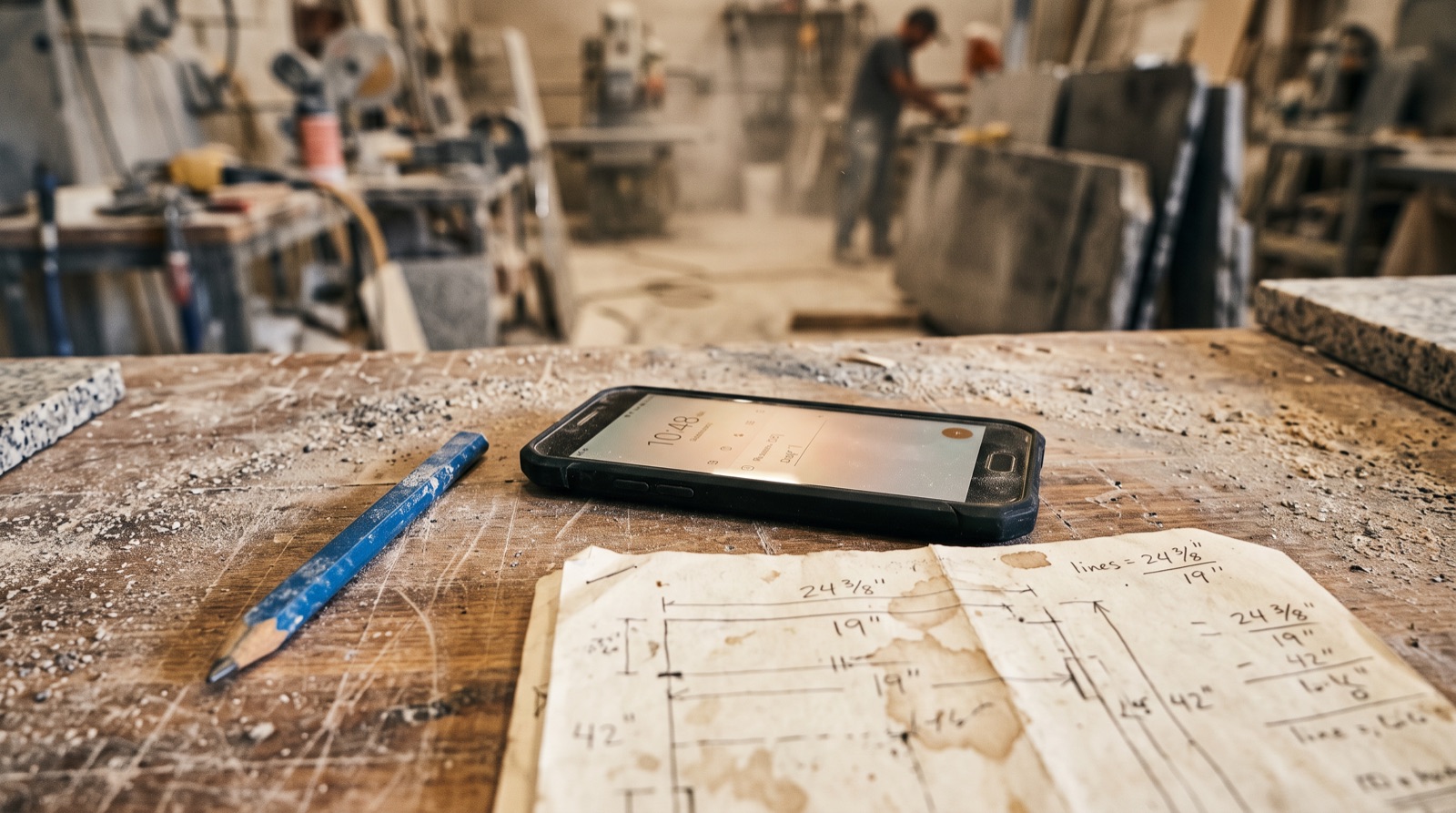 A smartphone lying face up on a stone-dusted workbench beside a pencil and a folded measure sheet.