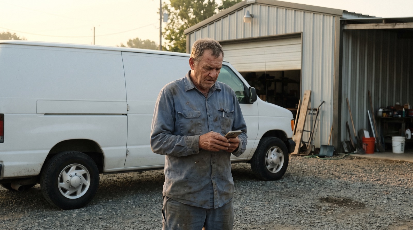 A countertop shop owner in a work shirt standing by a plain white work van outside a small industrial unit, looking at his phone.