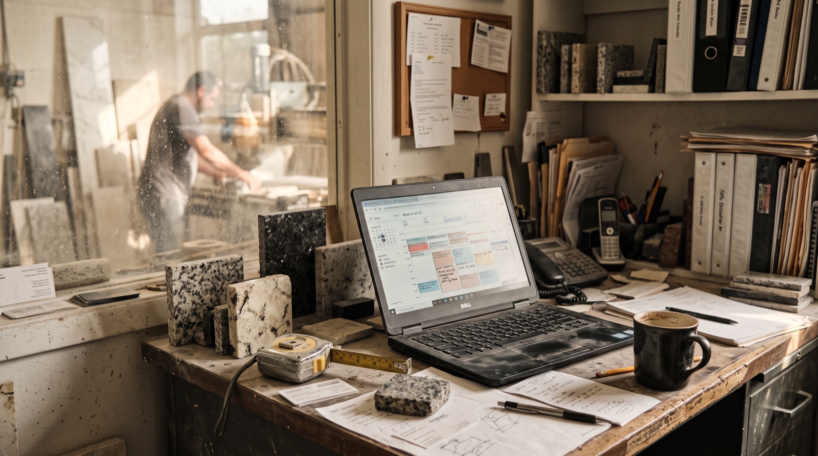 A fabricator's shop office with a laptop open on a scheduling calendar beside a tape measure and stone samples.