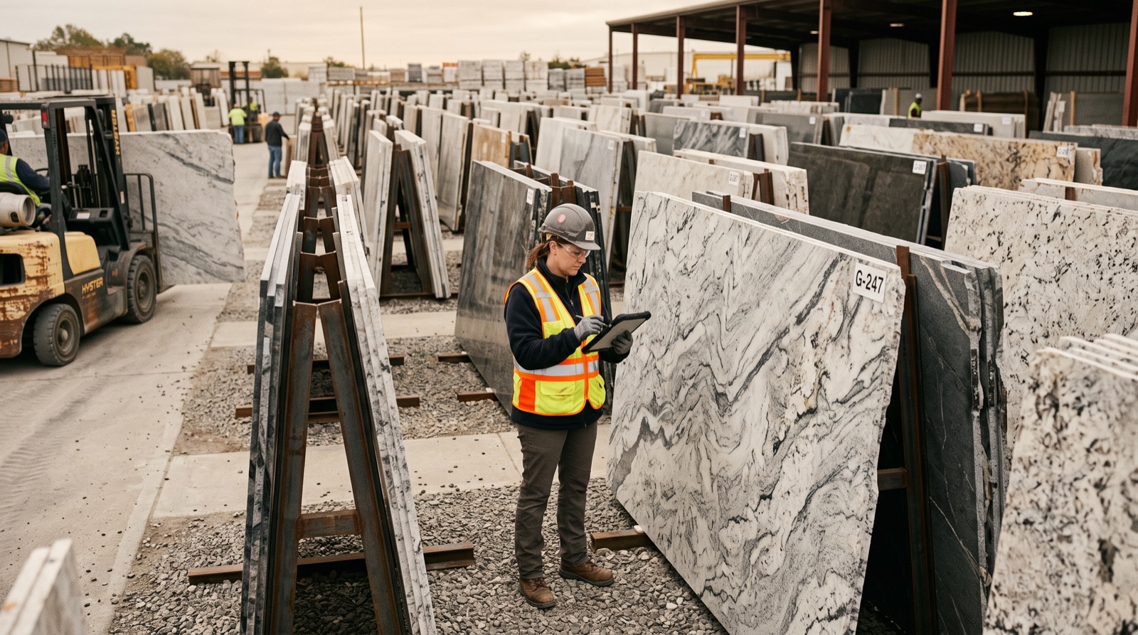 A stone slab yard with granite and quartz slabs in A-frame racks and a worker in a hi-vis vest inspecting one with a tablet.