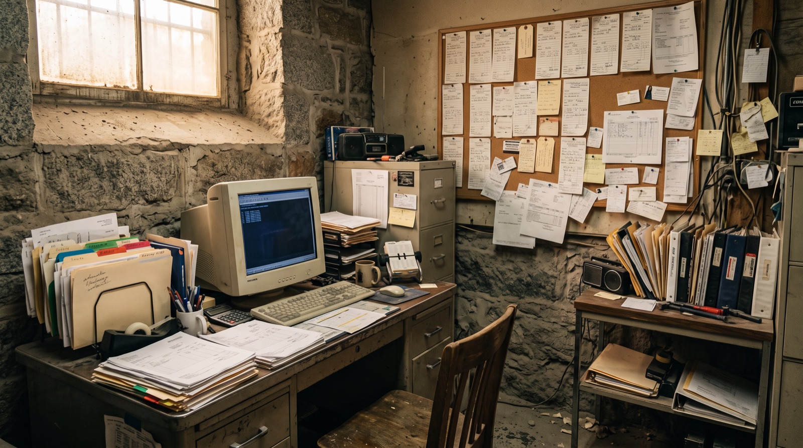 The back office of a small stone fabrication shop: an older monitor, stacks of paper invoices and a corkboard of handwritten job tickets.